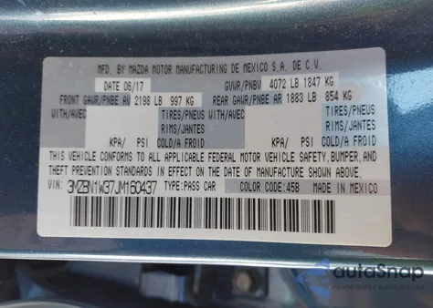 2018 Mazda Mazda3 Grand Touring из США, поврежденный, VIN 3MZBN1W37JM160437